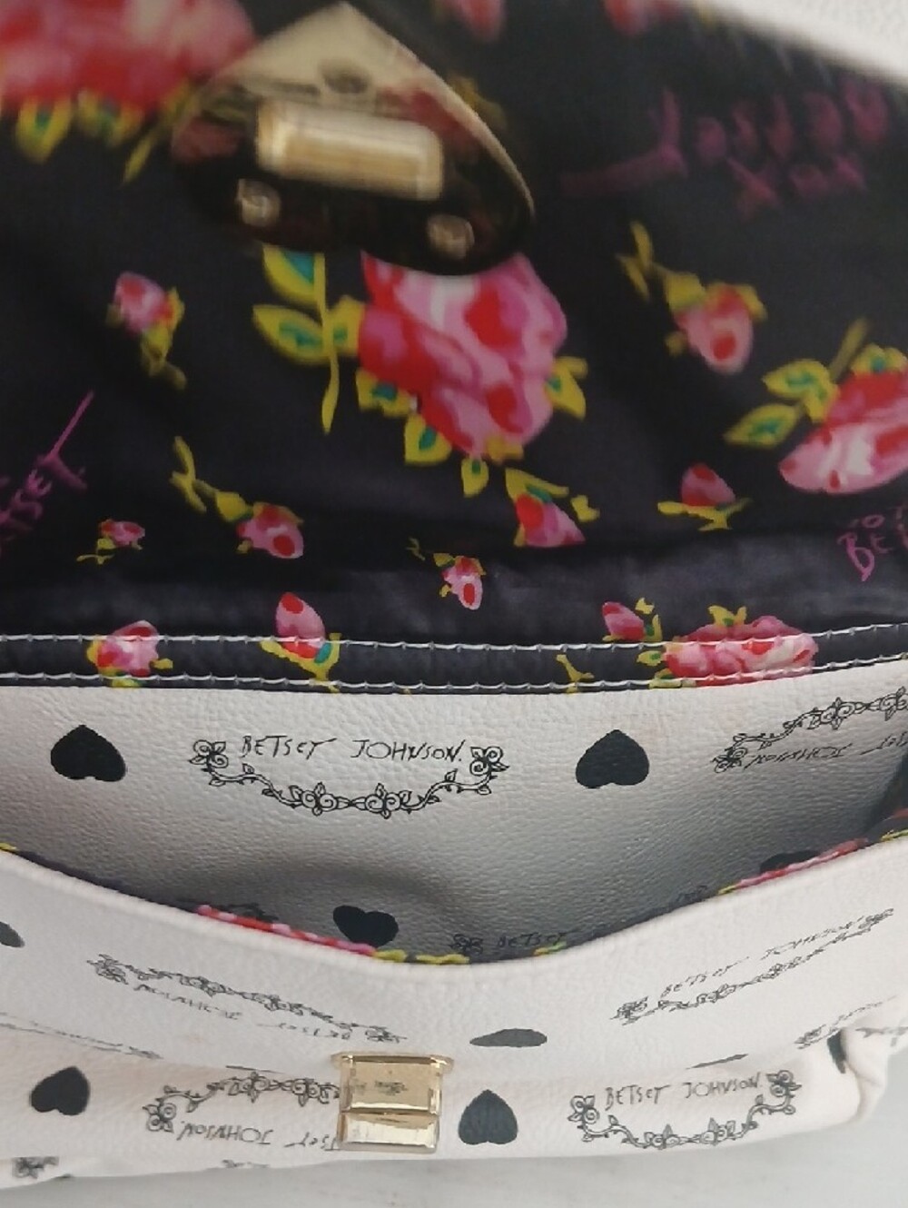 Betsey Johnson White Mini Backpack with Black Heart Print - Picture 7 of 8